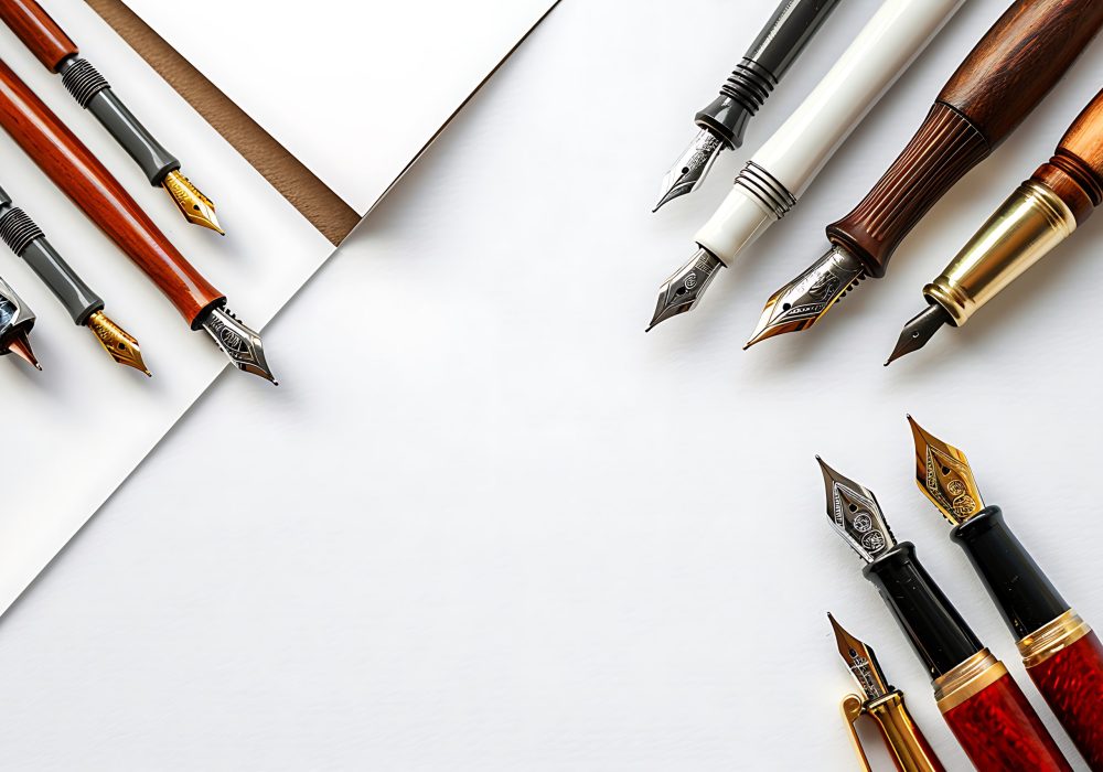 A collection of elegant fountain pens in various styles and colors arranged on a white background. This image could be used for advertisements, articles, or other projects related to writing, calligraphy, or office supplies.