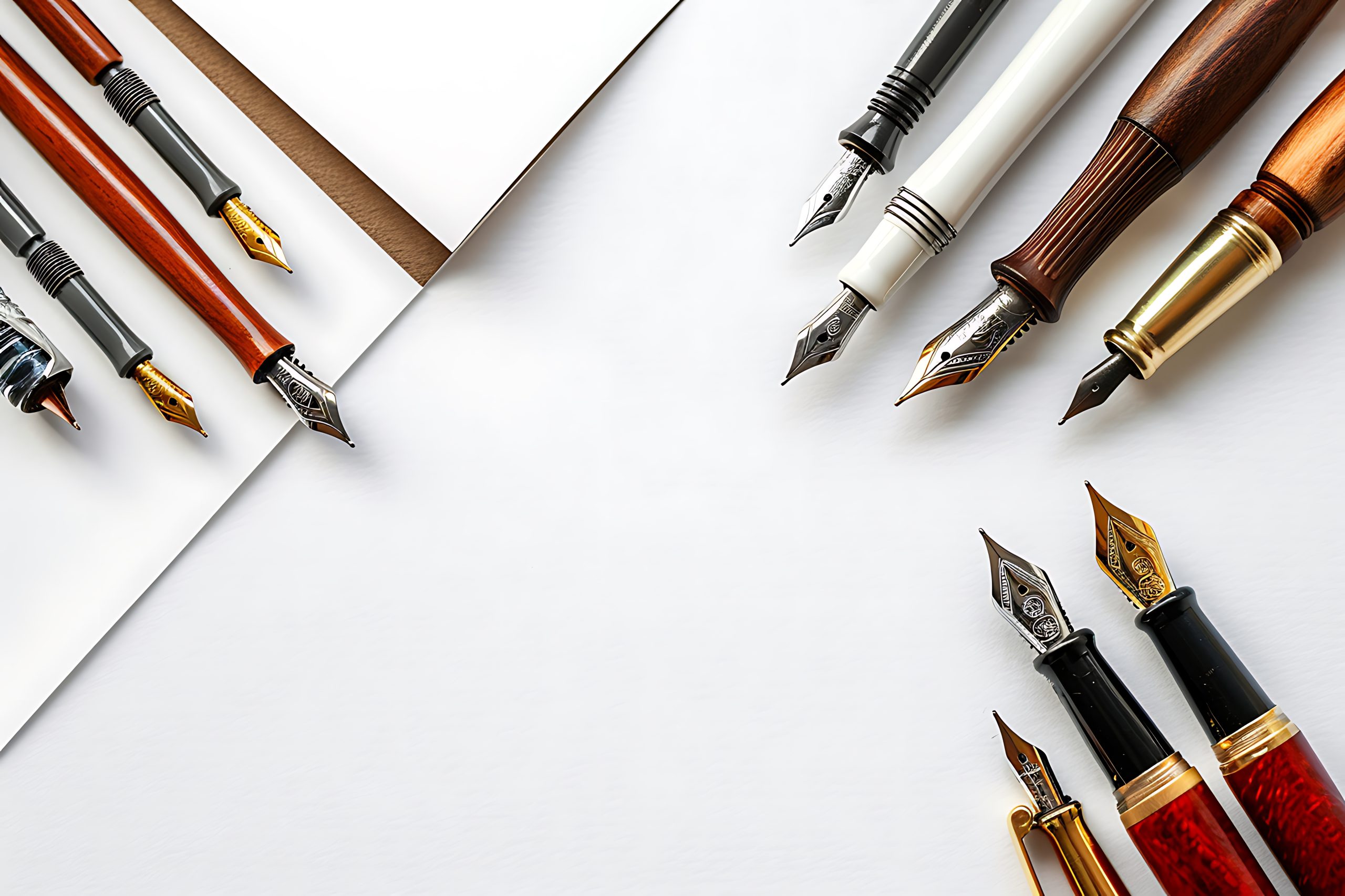 A collection of elegant fountain pens in various styles and colors arranged on a white background. This image could be used for advertisements, articles, or other projects related to writing, calligraphy, or office supplies.